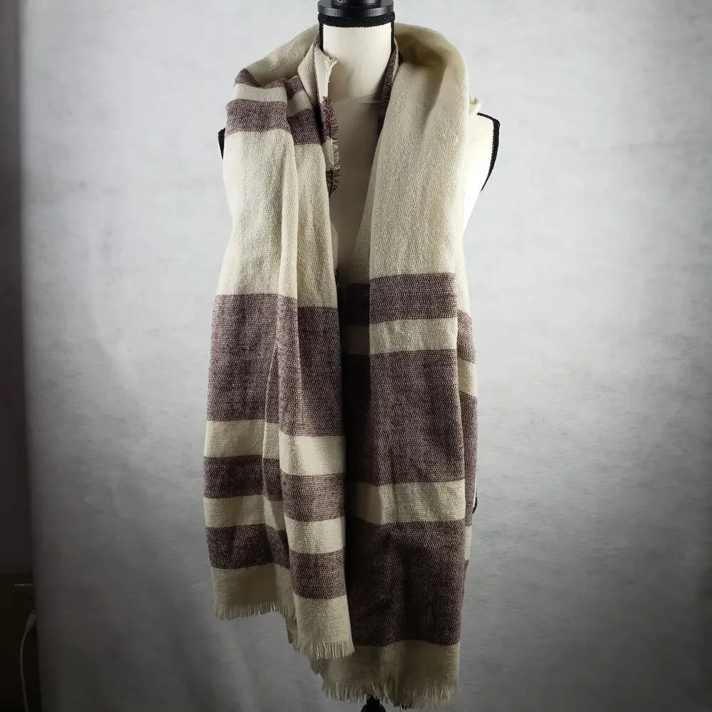 BP Women's One Size Fringe Plaid Blanket Scarf Beige Burgundy Fall Cozy Layering